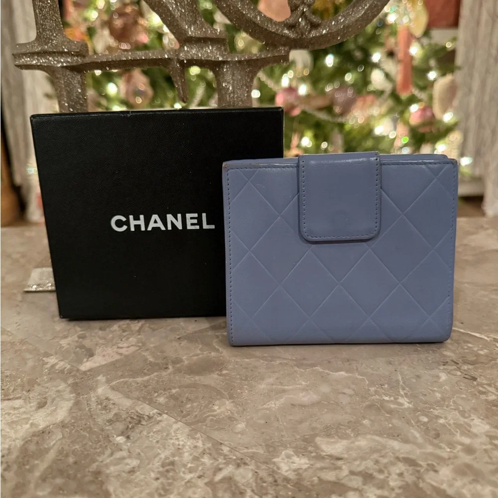 Vintage CHANEL Light Blue Quilted Logo Compact Wallet
